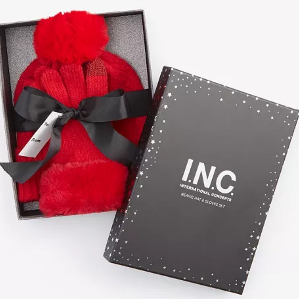 INC Red Beanie and‎ Glove Set